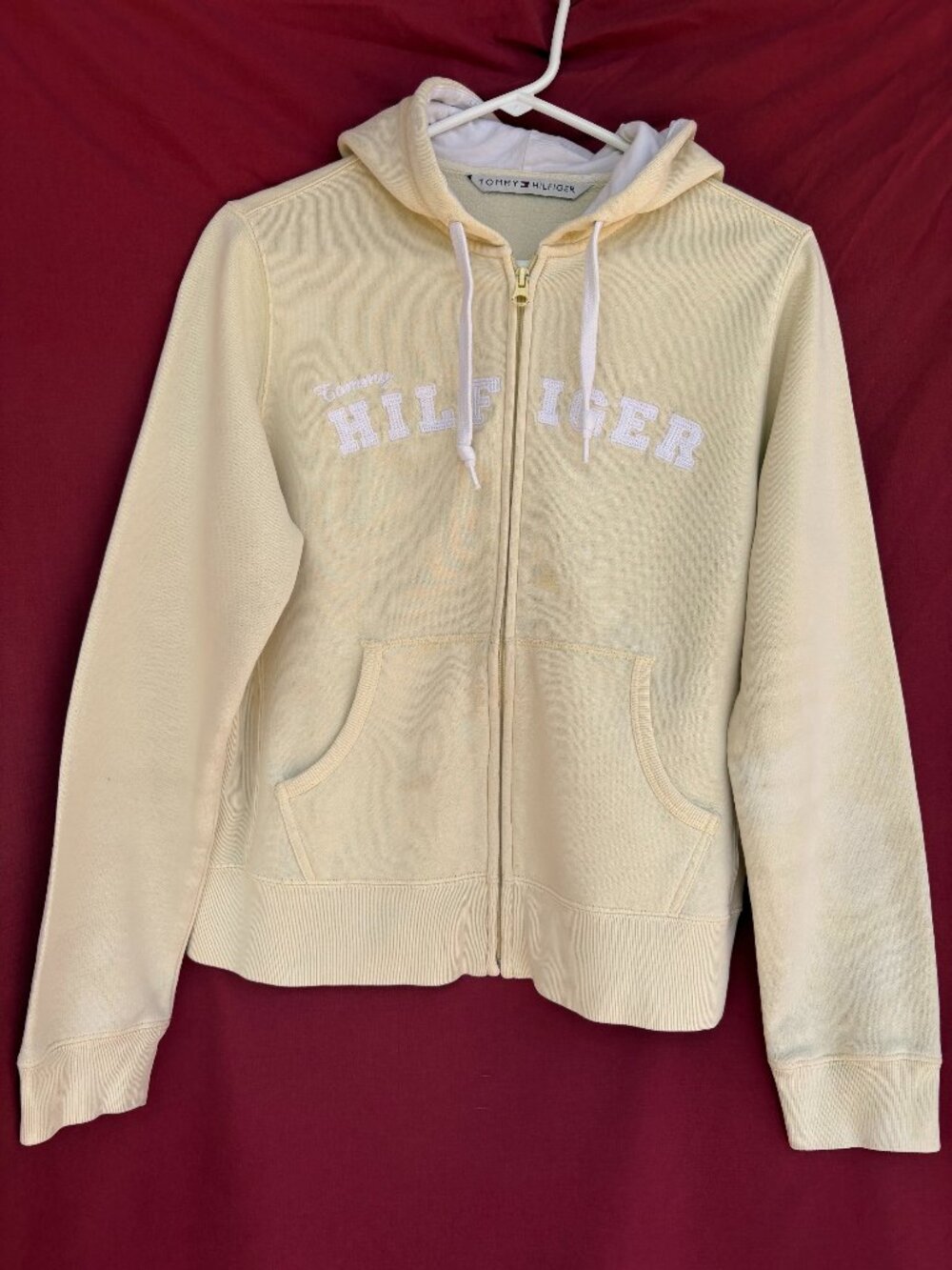 Tommy Hilfiger Women’s Zip Front Hoodie Medium Pale Yellow Logo Sweatshirt